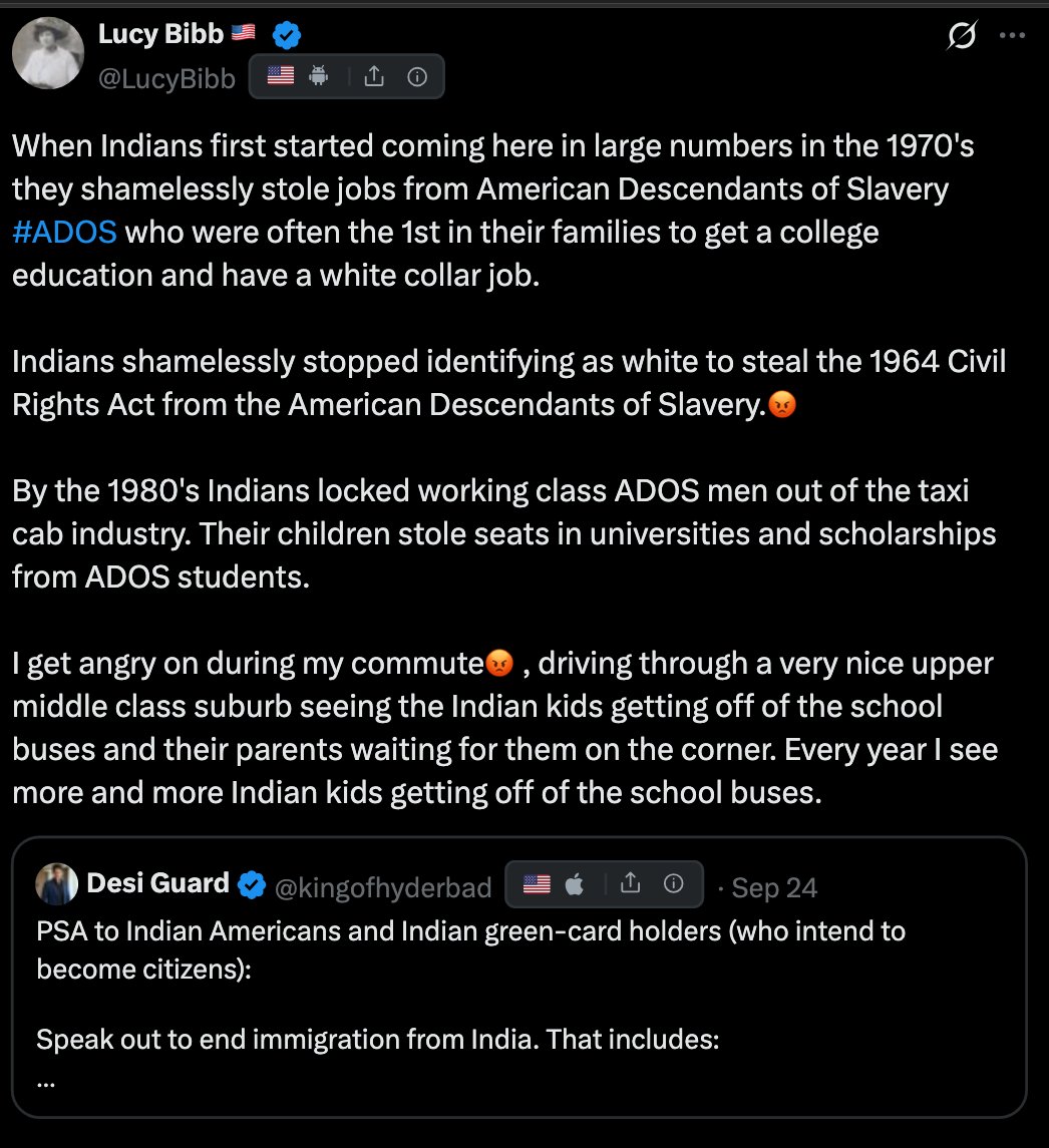 kingofhyderbad's tweet photo. American women and minorities should fight H-1B harder than the average American White man.

Almost every tech company has QA. That work is product testing, writing documentation, and filing tickets for the development team. It is one of the most accessible jobs in tech.

A huge number of American women with a basic degree can do this work well. It is a natural fit for women who want a stable job with decent pay, some equity, lower day-to-day stress, and enough room to raise a family.

Corporate America is not giving those roles to them. Too often, companies fill them with H-4 Indian women instead.

Even if American women filled 100% of those jobs, I would have no problem with that. What is wrong is handing that ladder to H-4 housewives while American women are far more intelligent. In the age of AI, this job is even more easy.

If both husband and wife work in tech, it is an ideal setting to put kids in private school. We are destroying current-generation and future-generation growth with H-1B and H-4.

If minorities in America want to take their families from middle class to upper-middle-class life, college education is not enough. You need to get white-collar jobs, and those are currently blocked by the H-1B and H-4 job cartel.

Every shade of American is becoming poorer now.

Here is a Black woman sharing her plight—how she struggles to provide a better life for her kids and for herself.