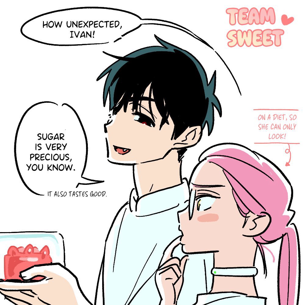 queasyphon's tweet photo. there's a whole comic where he implies dick (meat) would he his favorite food as well as the "what do the kids eat" comic where ivan and mizi BOTH have a singular preference of "sweet" and not both like till and hyuna. it's using food but the implication of both comics is clear https://t.co/3tvhrNEGIH
