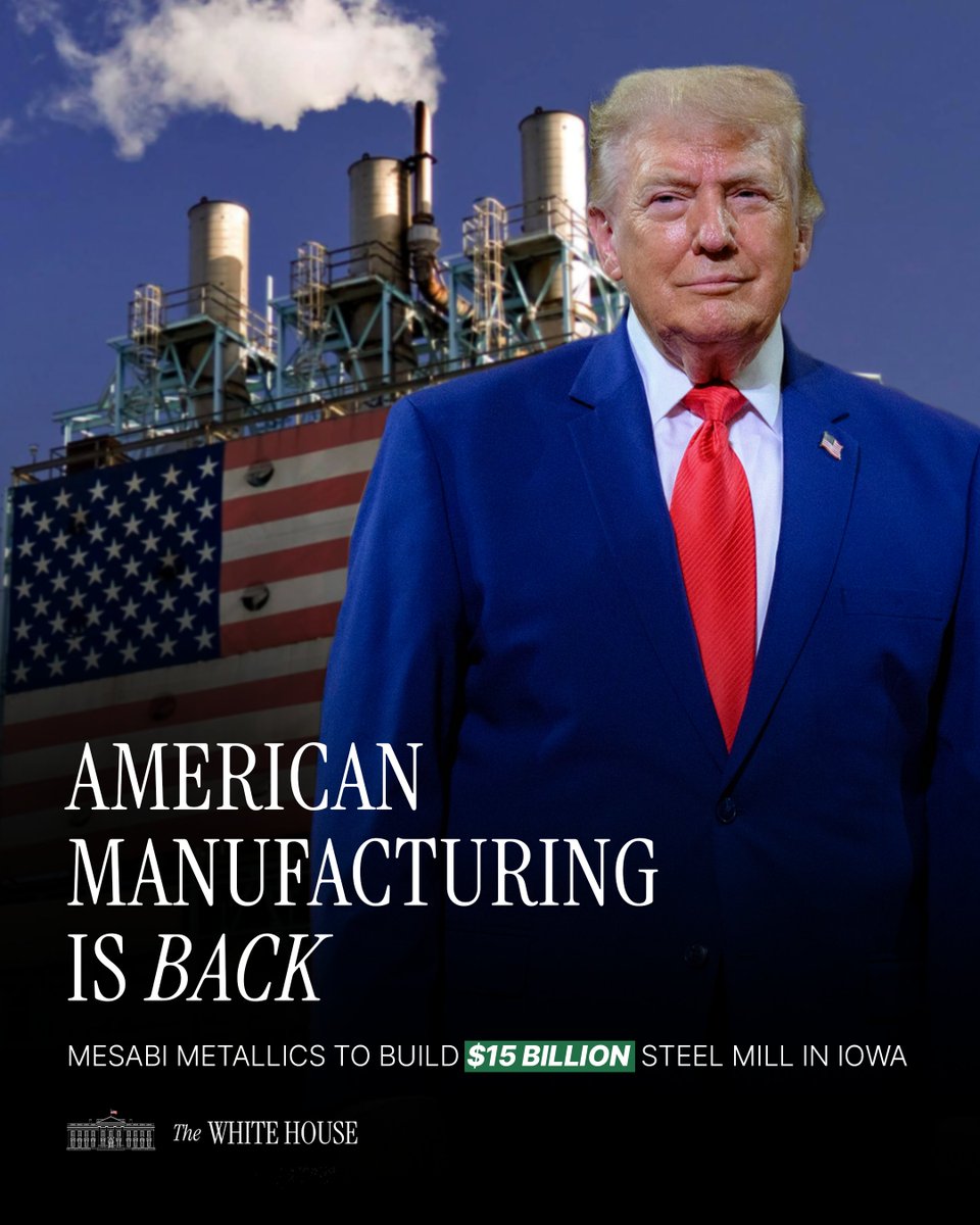 WhiteHouse's tweet photo. Making American Steelmaking Great Again.

President Trump is prioritizing hardworking Americans instead of foreign labor. This will become the largest steel plant in American history, create thousands of jobs, and add billions to the economy for decades to come. https://t.co/BownTquD1P