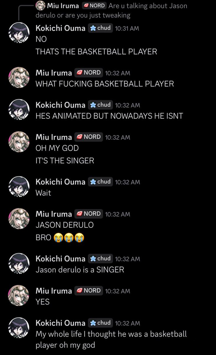anonymity__anon's tweet photo. Miu and Kokichi except it’s me and @ilyshintsukimi ‘s dc chat

#danganronpa #drtwt #drv3 https://t.co/tgvzVYKhNy