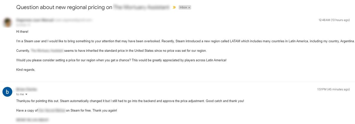 steamcito_ar's tweet photo. - hola todo bien? te escribo para ver si podías ponerle precio regional a tu juego en latinoamérica 🥹

EA: quien chota sos
Dev indie promedio: gracias por avisar rey ahí le puse precio lindo, de paso te regalo una key del juego ojalá te guste, abrazo saludos a la familia👍 https://t.co/sAeleSKCvJ