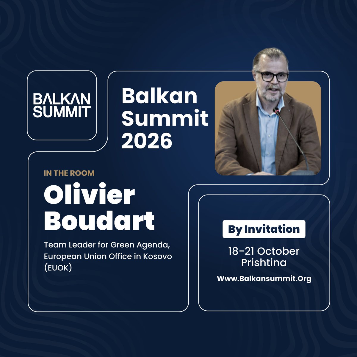balkan_summit's tweet photo. Balkan Summit panelist Olivier Boudart, EU Office in Kosovo, joins the discussion on multi-purpose dams for water storage, power and drought resilience, linking water investment to wider regional priorities.

18–21 Oct 2026 · Prishtina

https://t.co/Xoei9UYikJ https://t.co/sckiysdX1a