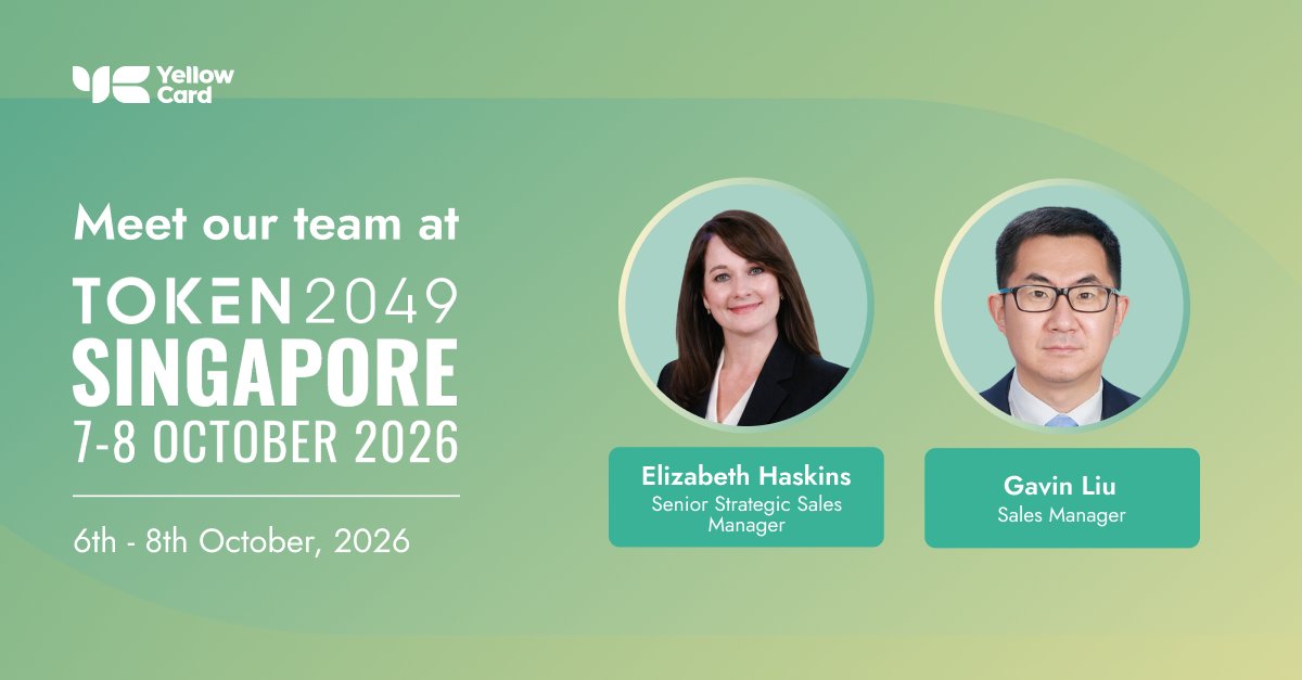 yellowcard_app's tweet photo. We're heading to TOKEN2049 Singapore, October 7-8. 

Our team, led by Lizzy Haskins and Gavin Liu, is out there for us all week, meeting with industry leaders.

Lizzy's also speaking a day early (6th October) at a side summit, Banking the Agent Economy. 

See you there! https://t.co/UvIF8aNycf