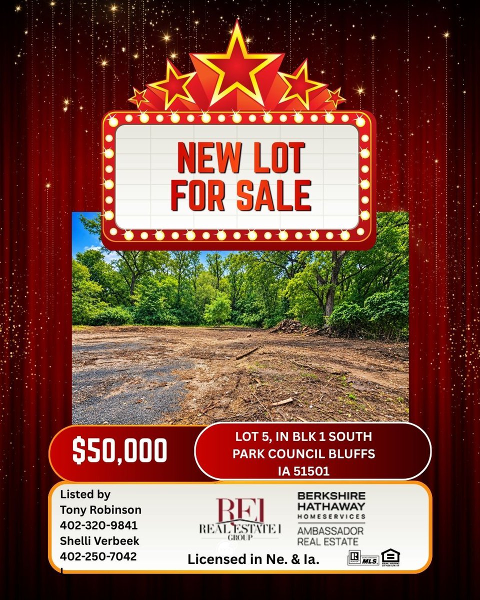 shelliverbeek's tweet photo. 🌳 NEW LISTING | BUILDABLE LOT IN COUNCIL BLUFFS, IA | $50,000
Listed by
Tony Robinson: 402-320-9841
Shelli Verbeek: 402-250-7042
Real Estate 1 Group | Berkshire Hathaway HomeServices Ambassador Real Estate

Looking for land to build on near Omaha? Take a look at Lot 5, Block... https://t.co/jaPeZxsDOg