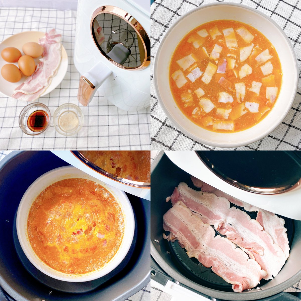 Kin24hrs's tweet photo. ไข่เจียวหม้อทอดทำง่ายมากกกๆ ด้านนอกกรอบเหมือนไข่เจียว ด้านในนุ่มเหมือนไข่ตุ๋น แค่ตีไข่ ปรุงรสตามชอบ หั่นเบคอนใส่ลงไป สูตรเราไข่ 4 ฟอง เอาเข้าหม้อทอด 190 องศา 17 นาที ไปลองทำกันได้น้า สูตรเด่กอ้วนคือทอดเบคอนโรยเพิ่มด้วย 🥓 https://t.co/7q35ehUW58