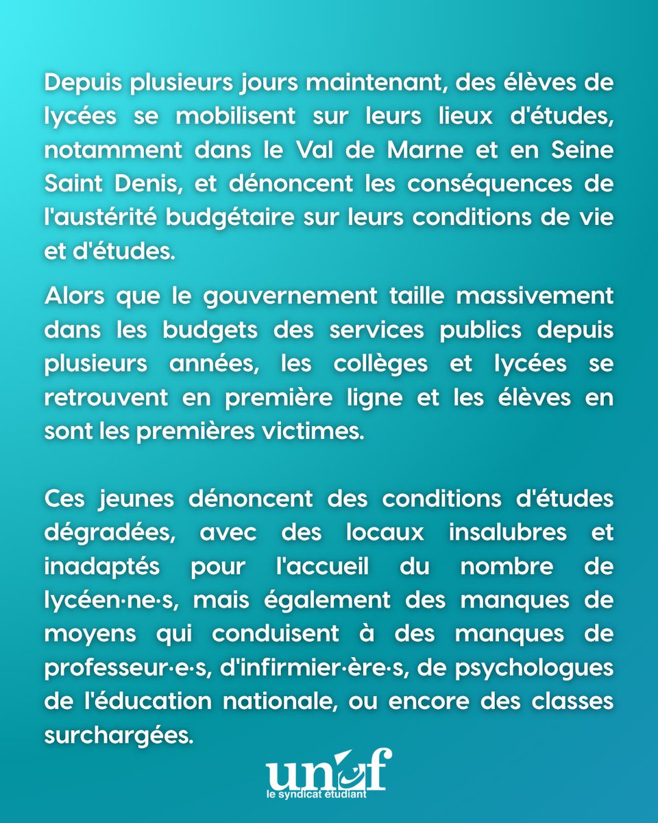 UNEF's tweet photo. Des lycéen·ne·s se mobilisent pour dénoncer leurs conditions d’études : locaux insalubres, classes surchargées, manque de personnel. La réponse du gouvernement ? Menaces et violences policières. L’UNEF soutient leur lutte et exige l’arrêt de la répression. https://t.co/9Q7t29BoXj