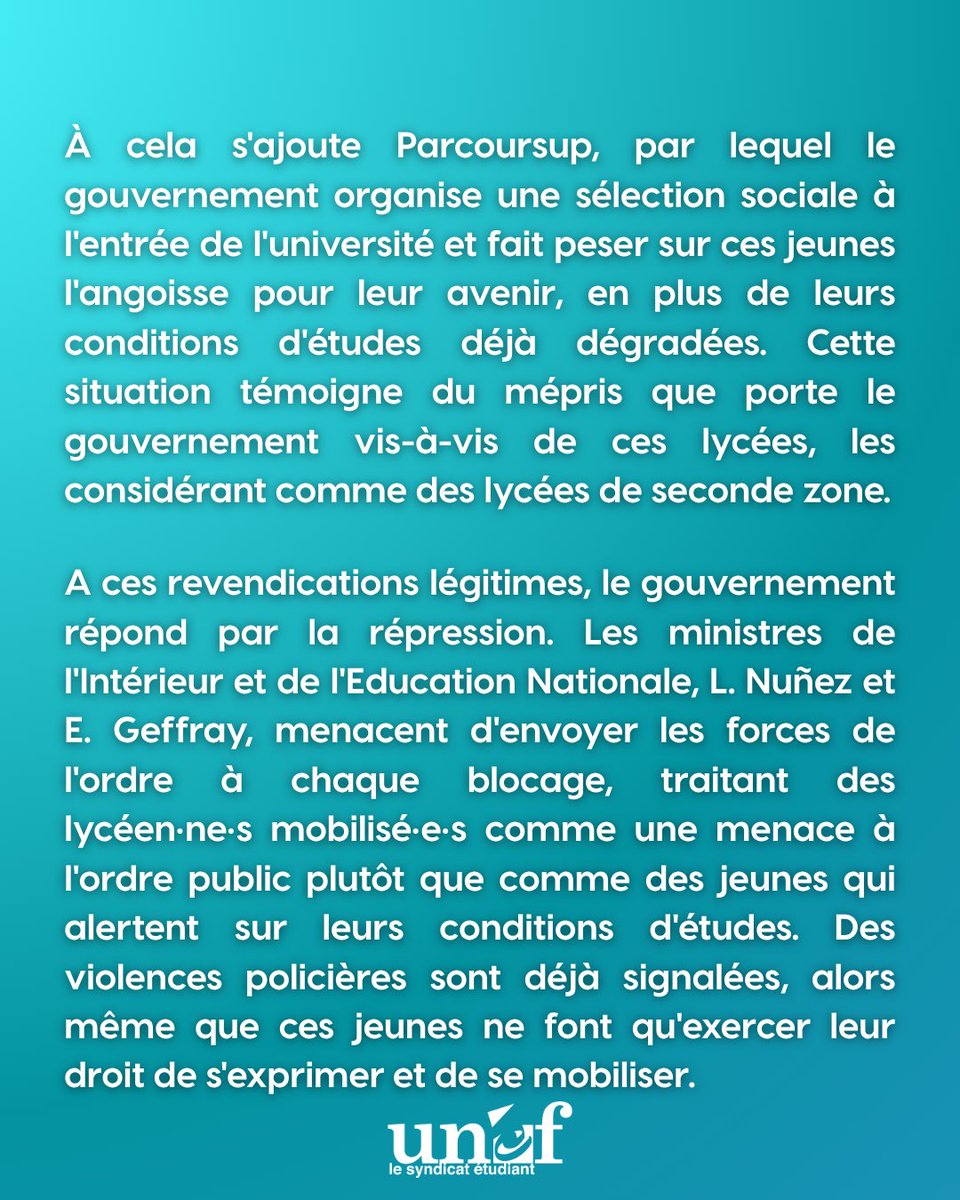 UNEF's tweet photo. Des lycéen·ne·s se mobilisent pour dénoncer leurs conditions d’études : locaux insalubres, classes surchargées, manque de personnel. La réponse du gouvernement ? Menaces et violences policières. L’UNEF soutient leur lutte et exige l’arrêt de la répression. https://t.co/9Q7t29BoXj