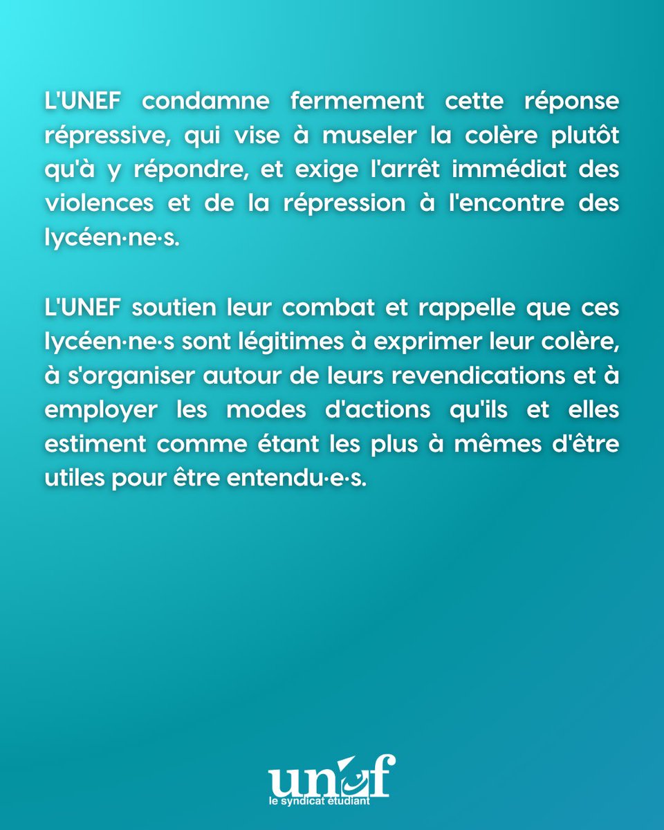UNEF's tweet photo. Des lycéen·ne·s se mobilisent pour dénoncer leurs conditions d’études : locaux insalubres, classes surchargées, manque de personnel. La réponse du gouvernement ? Menaces et violences policières. L’UNEF soutient leur lutte et exige l’arrêt de la répression. https://t.co/9Q7t29BoXj
