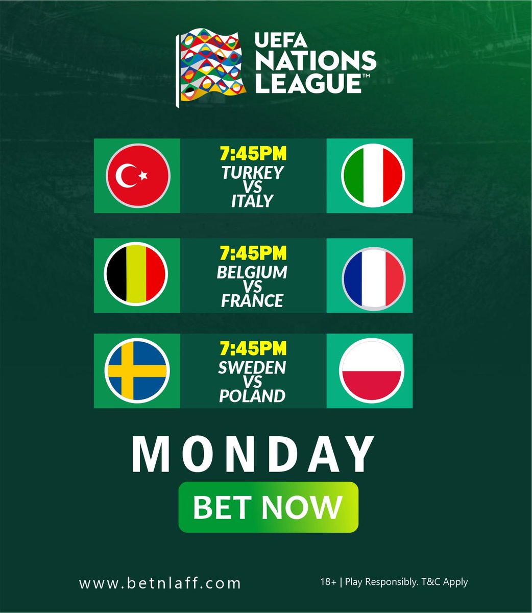 betnlaff's tweet photo. Today's action in the UEFA Nations League 

What's your bets? 

#uefanationsleague #betnlaff #laughsmallwinbig https://t.co/4NDCJYvVzi