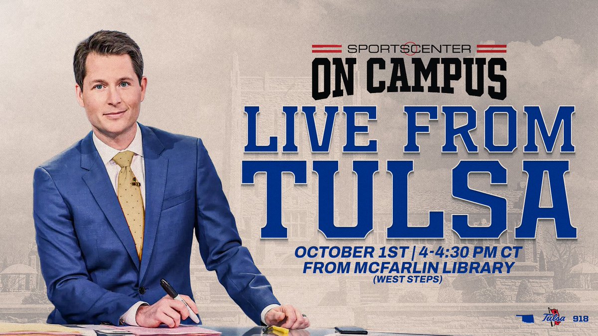 TulsaHurricane's tweet photo. 🚨 BREAKING NEWS 🚨

@SportsCenter is coming to Tulsa this Thursday!

Catch @MattBarrie live from the West Steps of McFarlin Library from 4–4:30 PM ahead of Tulsa vs. North Texas, then head over to H.A. Chapman Stadium for the Tulsa Block Party!

🔗 https://t.co/gYtK2jr463

#ReignCane