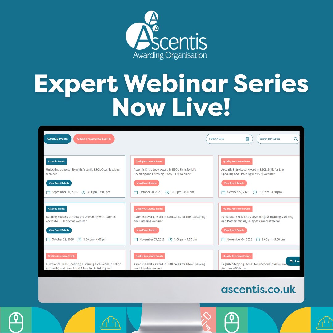 AscentisAO's tweet photo. Don't miss our webinar series! 🖥️
 
Head to the events page on our website to explore a range of expert webinars covering qualification support, delivery guidance, funding updates and more.
 
Book your place 👉 https://t.co/TvZZJFSl4W

#ESOL #AccesstoHE #EnglishandMaths https://t.co/8ntzhyoKWj
