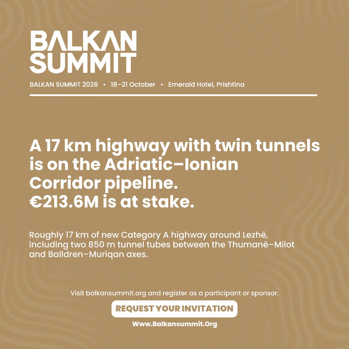 balkan_summit's tweet photo. A new ~17km highway will bypass Lezhë via an 850m twin-tube tunnel, linking the Thumanë–Milot highway to the Balldren–Muriqan axis. Opportunities may include roads, tunnels, structures, engineering and finance.

Explore at Balkan Summit 2026: https://t.co/Xoei9UXKvb https://t.co/7GBzwmNcCA