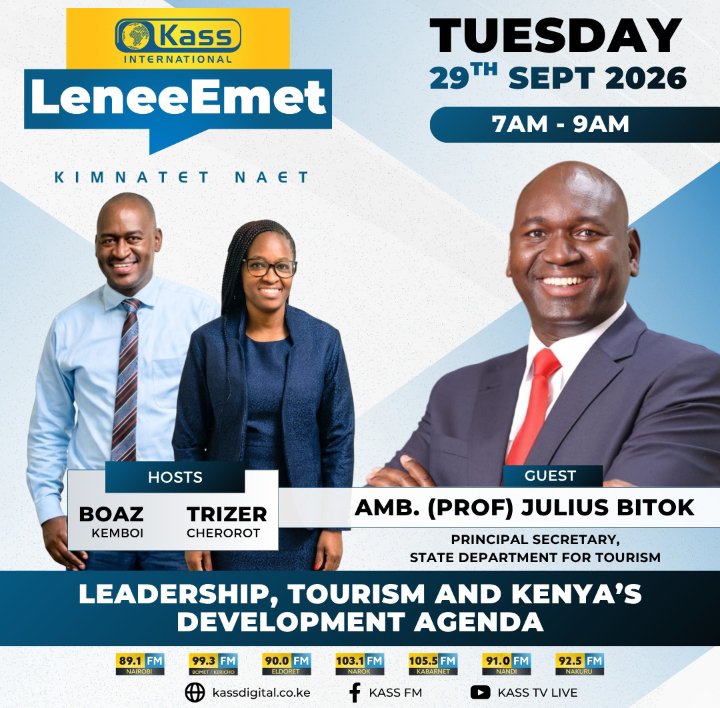 JuliusKBitok's tweet photo. Tomorrow from 7:00 AM to 9:00 AM, join me on Kass FM's Lenee Emet programme as we engage in a discussion on Leadership, Tourism and Kenya's Development Agenda. https://t.co/V4YPf1xVFS