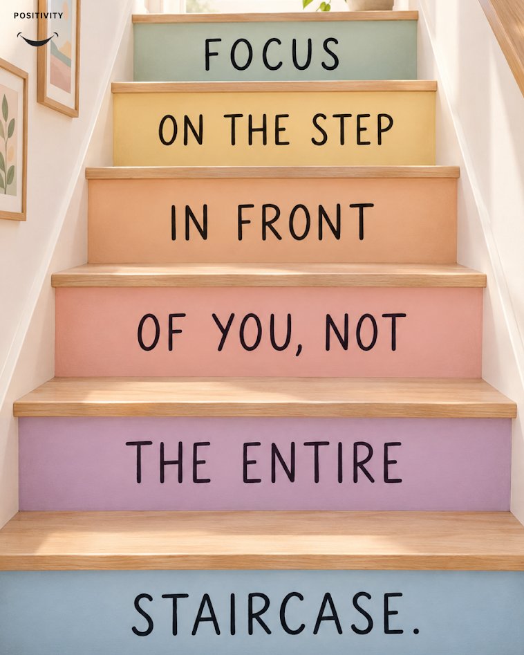 PositivitySaid's tweet photo. Big goals feel lighter when you only carry today's part of them.

Looking at the whole staircase can make the climb feel impossible before you have even begun. Take the one step that is right in front of you, trust that the next one will appear when you are ready, and let small, steady progress carry you higher than you expected.