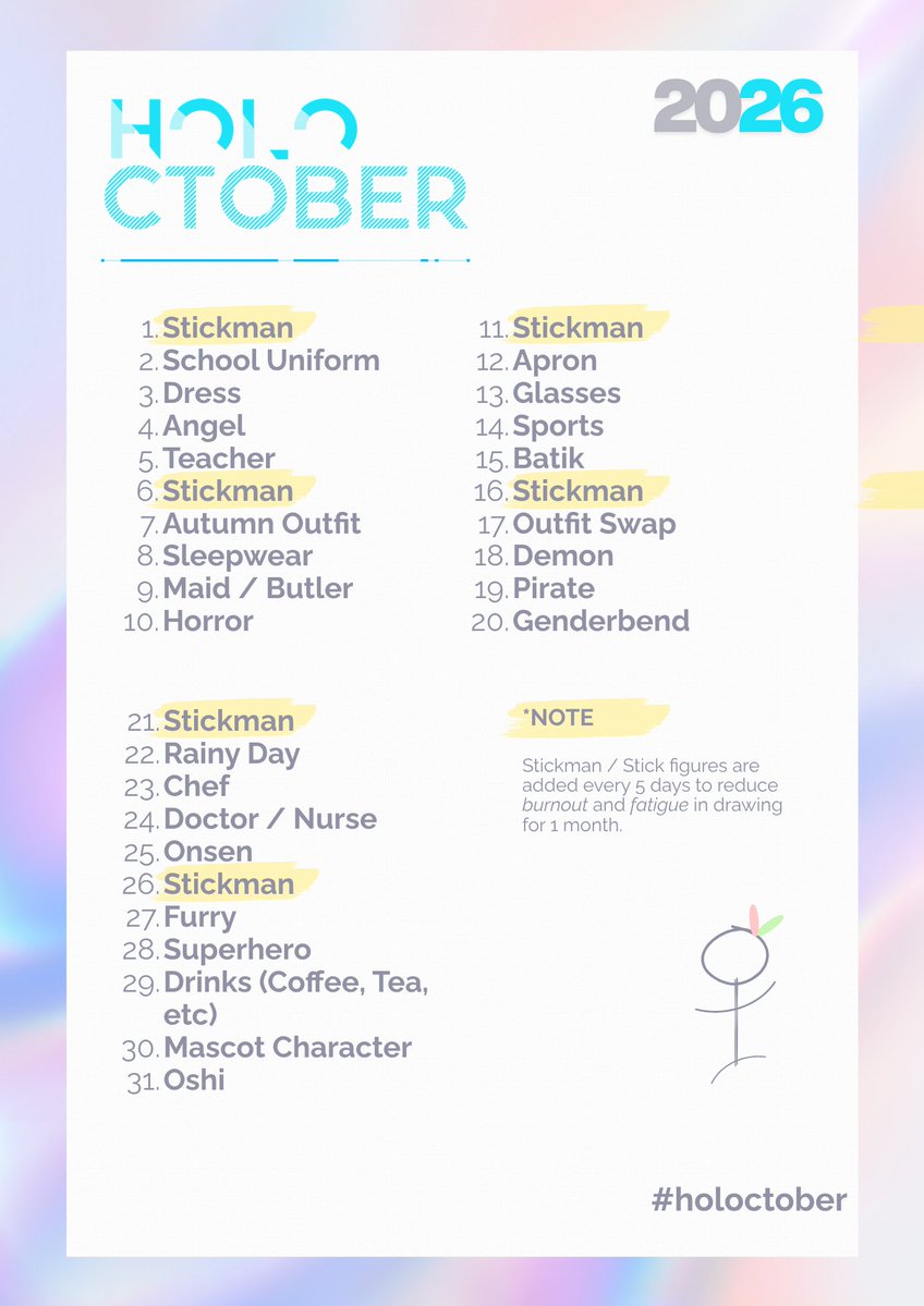 airaniiofifteen's tweet photo. #holoctober 2026 Prompt is here!
1 Day, 1 Art

Going off strong with Stickman for day 1! 
It's time for you to become productive and have fun with us drawing with the said theme every day 🫶💚

No rules except: Draw with your own hands, no AI accepted here.

Let's deliver a lot of arts for our Oshi

*logo in reply