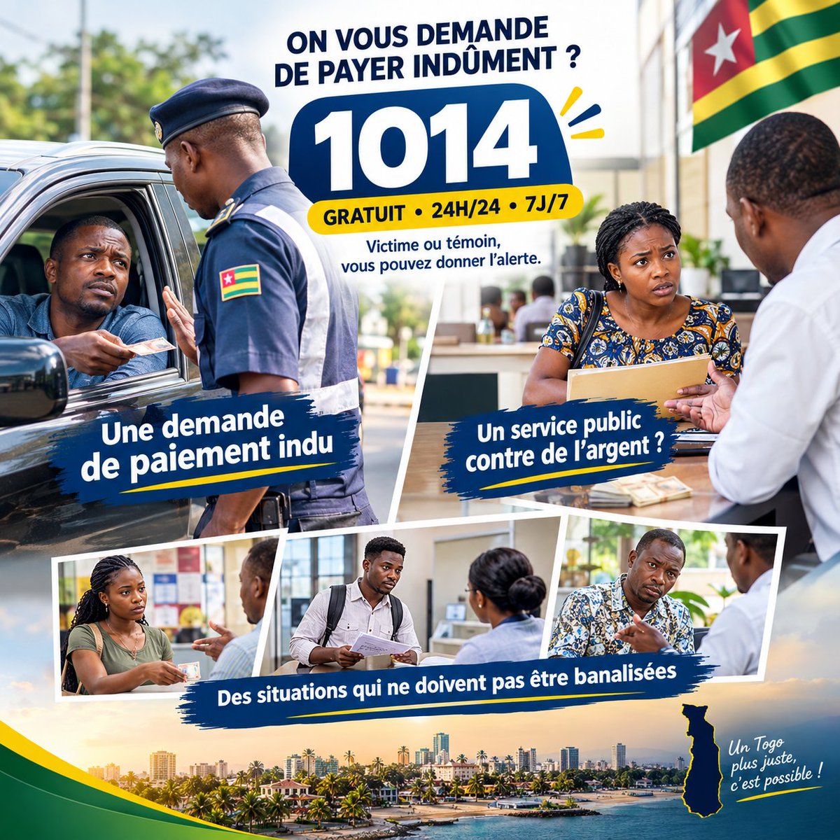 AblaZogbedji's tweet photo. Un agent vous réclame un paiement indu ? 
Le 1014, gratuit et accessible 24h/24 et 7j/7, permet de signaler ces pratiques aux autorités.
Mis en place depuis 2019, ce canal reste ouvert aux victimes comme aux témoins.

#Togo #ServicePublic #Sécurité #TgTwittos https://t.co/SExQfq04Sq