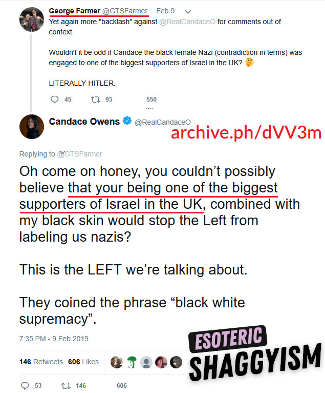 EsoShaggy's tweet photo. George Farmer is a Hebrew-speaking, anti-semitism hate speech laws advocate, connected to Israeli politicians & Chabad Lubavitch.

I uncovered the Husband of Candace's deleted Twitter where he made dozens of pro-Israel remarks. Farmer gloated he's "helped Israel" praised by an Israeli-British politcian.

This isn't my opinion, Candace Owens herself referred to George Farmer on February 9th 2019 as "one of the biggest supporters of Israel in the UK". So Candace is well aware of her husband's beliefs.

George Farmer on April 19th, 2019 stated "I love Israel, I love the Jews, and love the Jewish holy texts that I studied in their original language".
If any other spouse of a major conservative figure said this, Candace would dedicate a whole episode to it.

Candace once described George Farmer as "one of the biggest supporters of Israel in the UK".

Never once has Candace ever brought up her husband and business partner's strongly pro Israel views or the fact he speaks Hebrew.
Candace regularly covers Israel and clips that have Hebrew, yet somehow her husband's proficiency in the Jewish language has never once been mentioned.

George Farmer boosted opinion pieces by Alan Dershowitz attacking Palestine. Candace goes "free Palestine" all day, while the man who owns her business' last words on it were advocating for a 1 state pro Israel solution.

Perhaps even more odd, George Farmer attended the Algemeiner's 2019 Jewish 100 Gala. The Algemeiner is a Hasidic news journal founded at the behest of the Rebbe Menachem Mendel Schneerson.

It is currently owned by Simon Jacobson, who worked directly as a transcriber for the Rebbe himself and wrote a best selling novel on the religious teachings of the Rebbe.

The Algemeiner itself has ties to the Zionist organization of America, B'nai B'rith, and even the Anti-Defamation League with it's former head Abraham Foxman being on the Algemeiner's board. The Algemeiner still publishes ADL pieces calling for anti semitism to be banned.

Candace Owens invokes the idea of "Frankism" constantly. "Frankism" as Candace terms it, is essentially the belief a messiah for jews has arrived. The problem is, Frankism died off in the 1700s.

The closest modern equivalent would be the Meshichists, a more radical sect of Chabad that believe the Rebbe was the literal messiah who will being in the End of Days, otherwise known as the apocalypse. 
The Algemeiner is run by the most ardent Meshichists who openly plot and promote the building of the Third Temple.

George Farmer was married to Candace Owens while he was attending these elite radically religious Jewish networking events, the same ones Candace rails against.

The Jewish 100, or J100 gala is quite exclusive Algemeiner event, it featured Donald Trump in 2015 three months before he announced his campaign, multiple foreign heads of state and countless celebrities. 

George Farmer is an advocate for anti-semitism hate speech laws, the same that would land his own wife in jail.