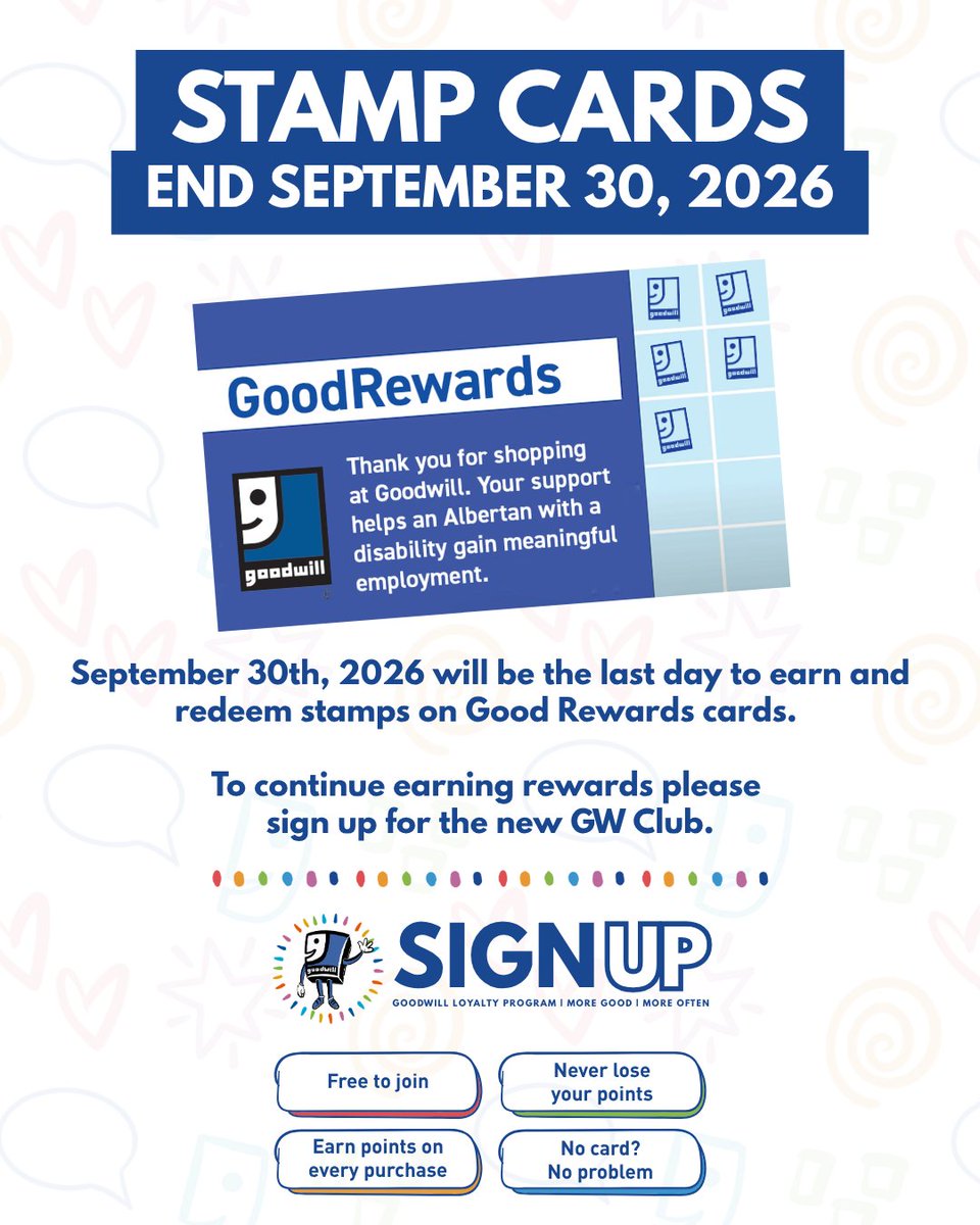 GoodwillAB's tweet photo. Last call for stamp cards! Good Rewards stamp cards won't be accepted after September 30. Join GW Club for free to keep earning every time you shop. More Good. More Often.

https://t.co/7YqkYAvInJ https://t.co/Cl1F2XQglC