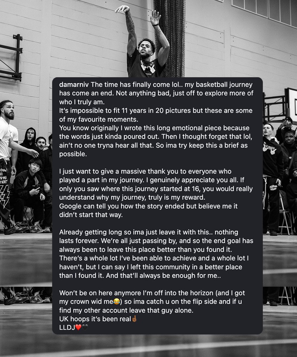 Hoopsfix's tweet photo. Damarni Velinor - the UK 1v1 king - announces he’s hanging ‘em up - what a generational run 😢🇬🇧🏀 https://t.co/dIzMHzpIWs