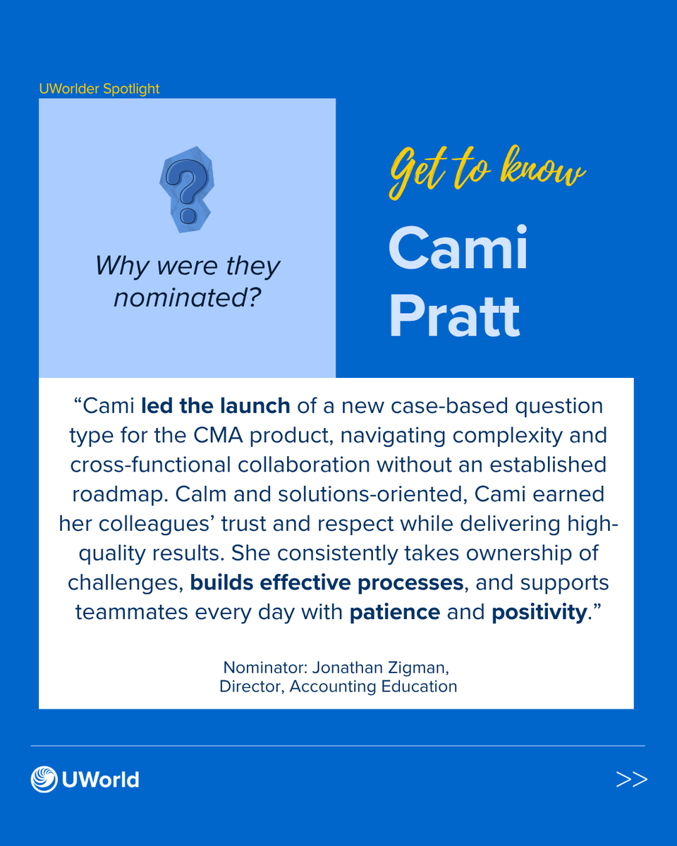 UWorld's tweet photo. Congratulations to Cami, our September UWorlder Spotlight! 🌟

Her collaborative leadership, positive attitude, and willingness to take on new challenges make an impact every day.

🌎 Come work for us and let your talent shine: https://t.co/RHcwcpSZTP

#EmployeeRecognition https://t.co/qzxJSdw4Wj