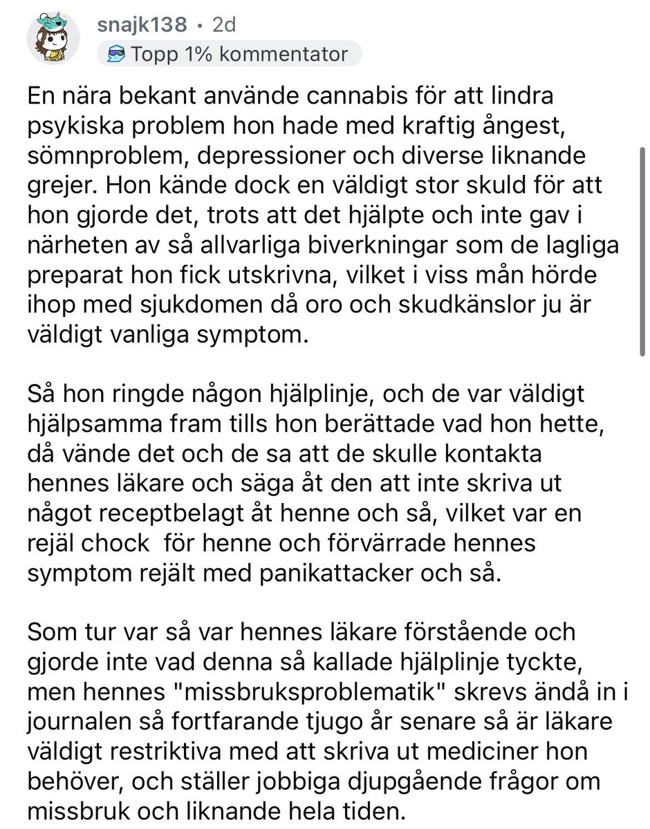Sverige2019's tweet photo. Kvinna med psykiska besvär får utskrivet massa läkemedel, som får henne må ännu sämre, börjar självmedicinera med gräs

I samtal med hjälplinje är hon ärlig med bruk. Hjälplinjen kontaktar läkaren i allmänna vården som drar undan alla hennes läkemedel &amp; stämplar som missbrukare https://t.co/nHJE1ZrHEc