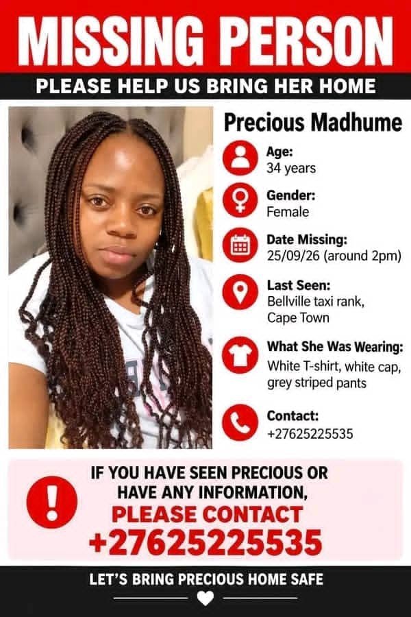Mavhure's tweet photo. Missing person alert. Precious Madhume. Went Missing on 25th August 2026 in Bellville Cape Town. Kindly share . Help 🙏🙏🙏🇿🇦🇿🇦🇿🇼 cc @daddyhope . Got this via WhatsApp 🙏🙏🙏💔💔💔 https://t.co/2FtXDDYixU