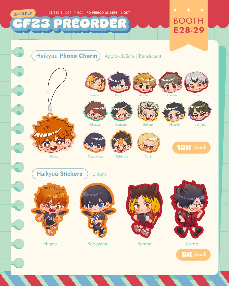 smolkeii's tweet photo. [💟&amp;🔁are appreciated!] 

Hi!! smolkeii #CF23 PO is finally open!
🗓️ 28 Sept - 4 Oct
📦 Pickup Both Days (E28-29) &amp; Mail Order (local) 
 ✨Kaiju No 8, Genshin Impact (Wanderer), Haikyuu, Dungeon Meshi, Pandavva
🔗 https://t.co/4DvnPz4ob0

Thank you!! #comifuro23 https://t.co/q9hdUrdXCt