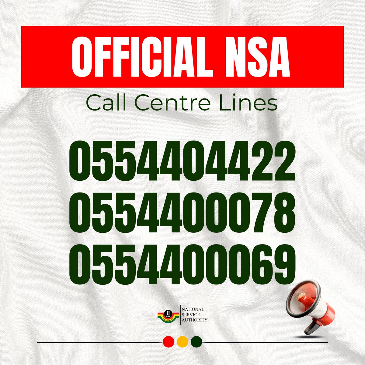 _nsagh's tweet photo. Need help with your national service registration, PIN Code or enrolment? Reach the National Service Authority through these official call centre lines:
☎️ 0554404422
☎️ 0554400078
☎️ 0554400069
Please call only these numbers. The Authority will never ask you to pay money into personal accounts, so beware of fraudsters posing as NSA officials.
