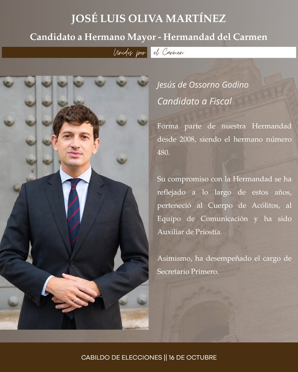 unidoselcarmen's tweet photo. Jesús de Ossorno Godino || Candidato a Fiscal

Hermano nº 480, pertenece a nuestra Hermandad desde 2008.

Desde entonces, ha formado parte del Cuerpo de Acólitos, Equipo de Comunicación y Priostía, además de haber desempeñado el cargo de Secretario Primero.

#UnidosporelCarmen https://t.co/PUC0mQjITo