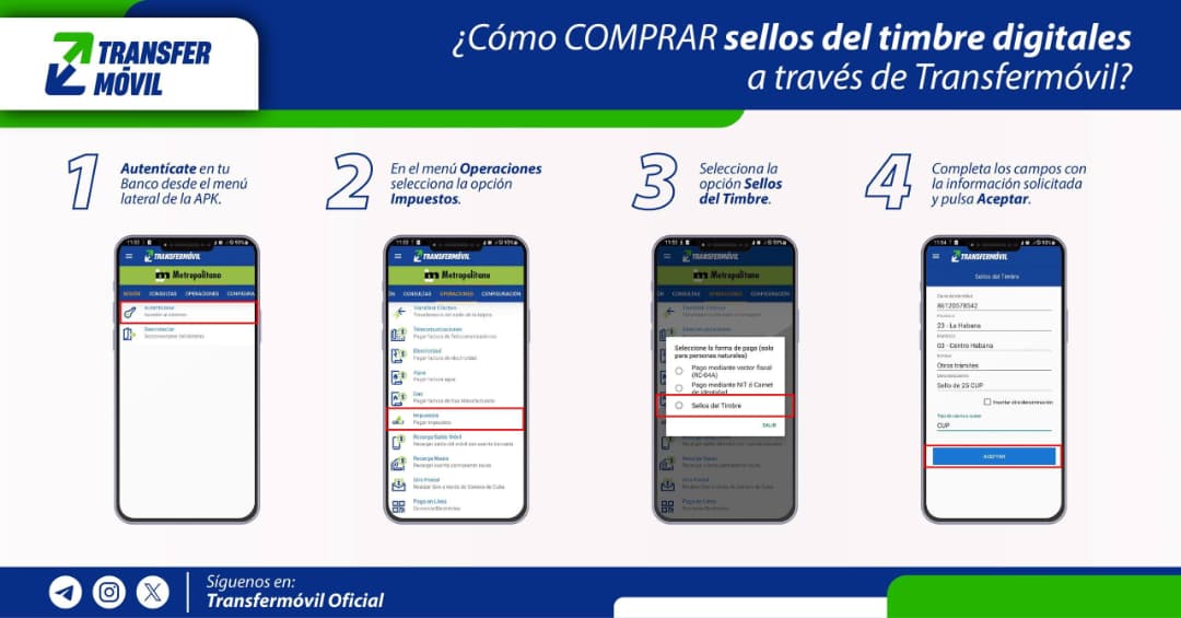 Yinet55853564's tweet photo. ¿Necesitas sellos del timbre para efectuar tus trámites? 🤔📄

Con Transfermóvil puedes comprar, de forma cómoda, rápida y sencilla, los sellos digitales que necesites. 📲 https://t.co/3aHpvHkmtd