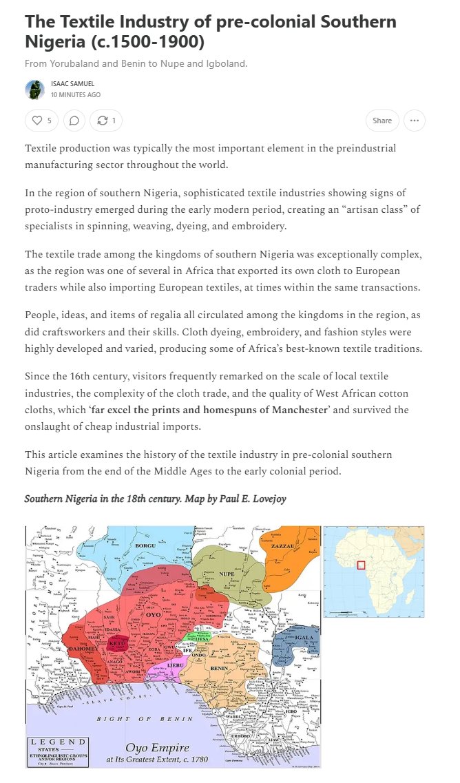 rhaplord's tweet photo. The Textile Industry of pre-colonial Southern Nigeria (c.1500-1900)
From Yorubaland and Benin to Nupe and Igboland.

https://t.co/EdaNAUZiec https://t.co/TI746HCGUF