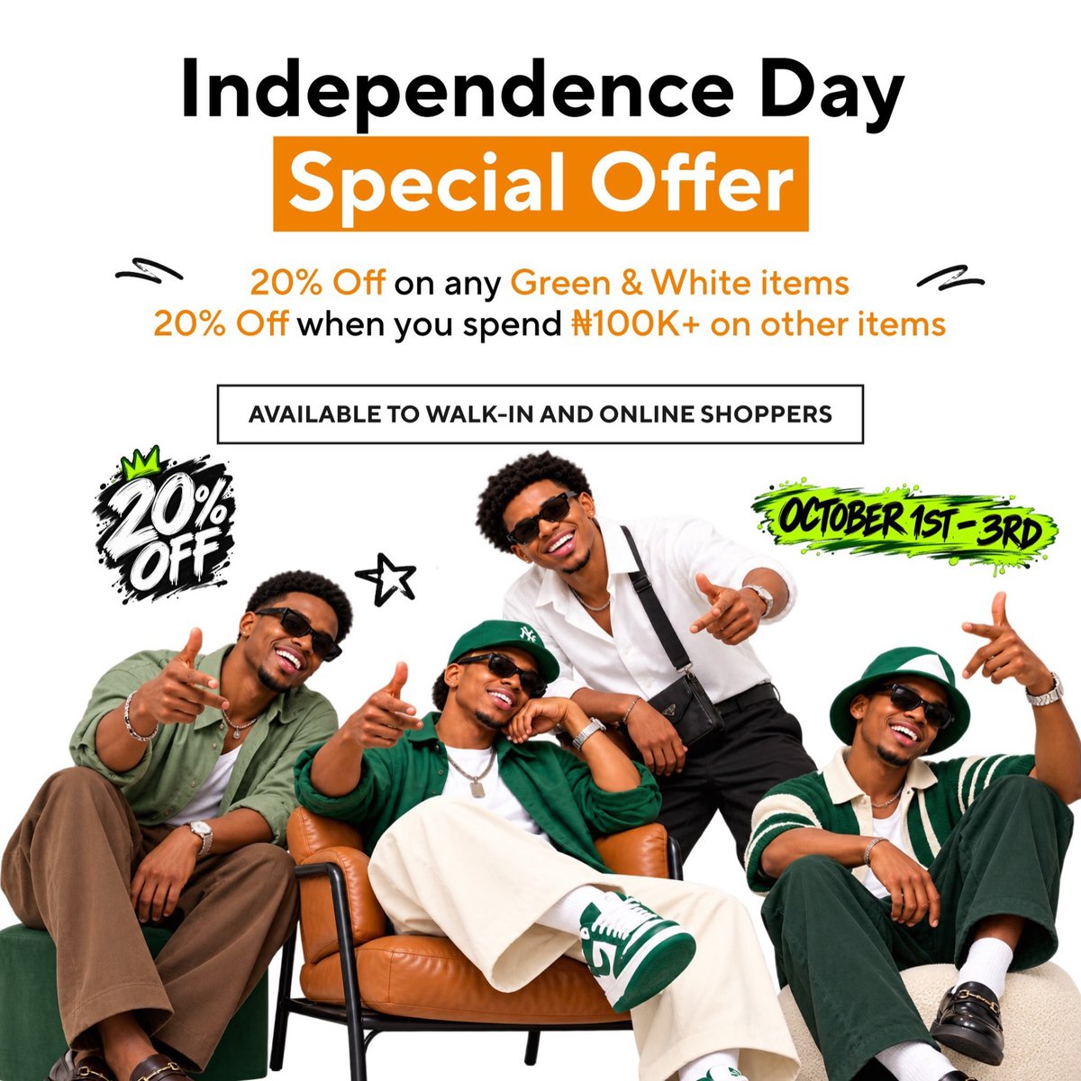 theoutlet_ng's tweet photo. Enjoy 20% OFF Green &amp; White items + 20% OFF when you spend ₦100K+ on other items.

OCTOBER 1ST–3RD. Available on website, walk-in &amp; DM.

📍 77 Opebi Road, Ikeja, Lagos
🌐 https://t.co/axOJ63pRoq https://t.co/PjftzQNJte