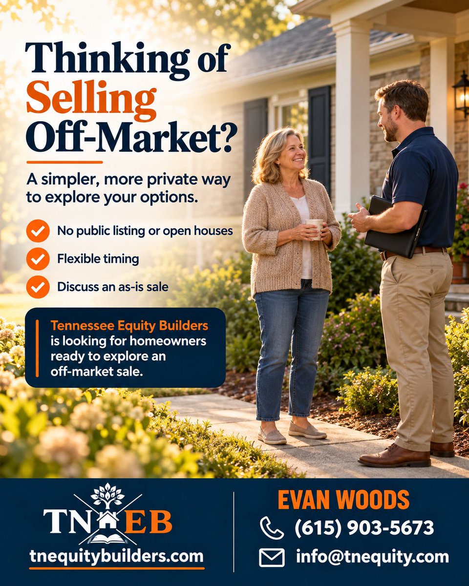 EvanWoodsRE's tweet photo. Why sell your property Off-Market?
Keep it private. Keep it simple.
Gain: Privacy, More Flexibility, Faster Closings & Less Hassle
Your property, your terms. Let's talk!
#OffMarket #PrivateSale #ForSaleByOwner #NashvilleRealEstate
https://t.co/uBpspm5lcm https://t.co/T6xbecBC07