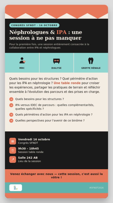 pascalbuchet's tweet photo. congrès #SFNDT2026 une session à ne pas manquer 
IPA et NEPHROLOGUES https://t.co/8rSQfiHQES