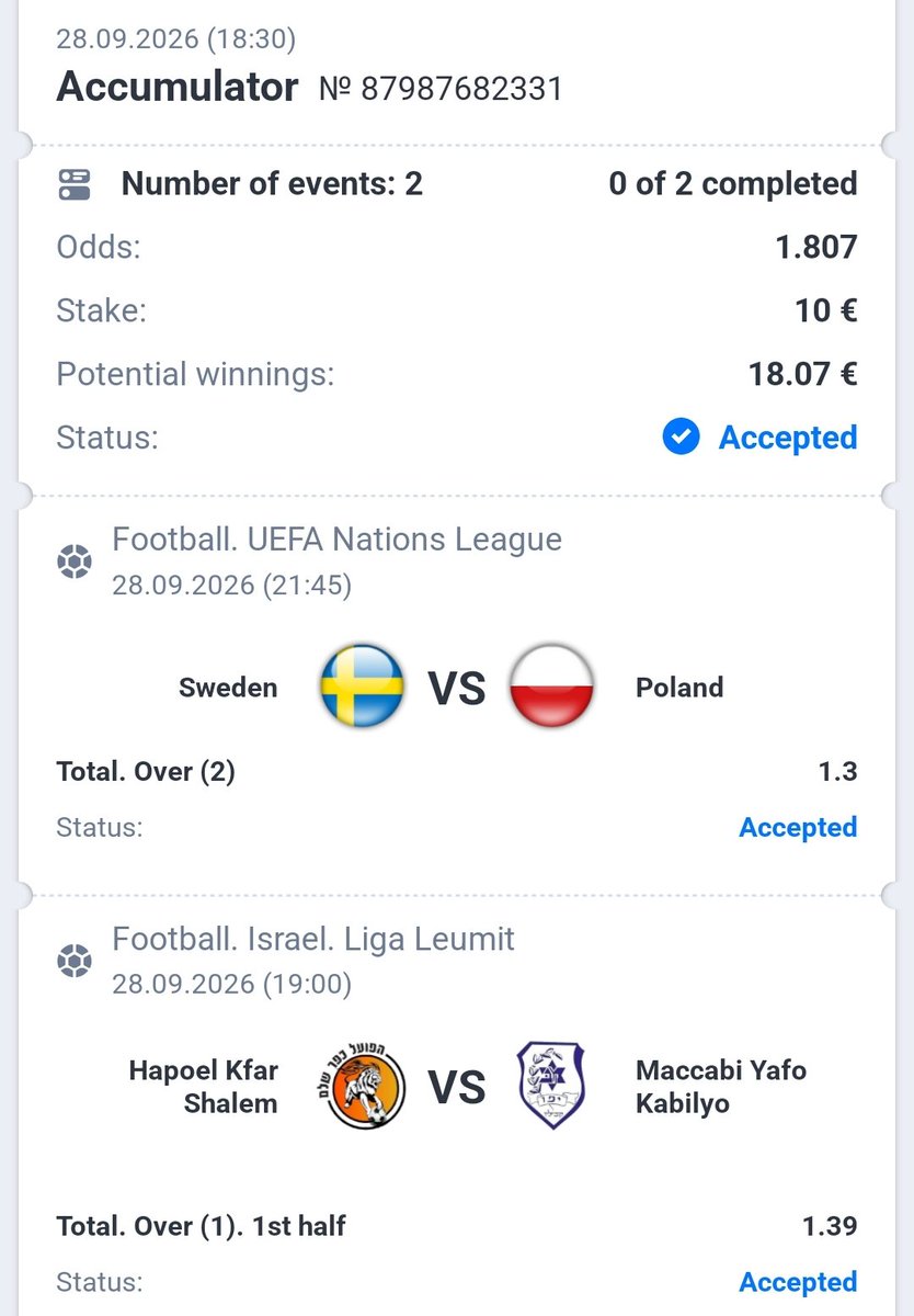 RaimisGold's tweet photo. DAY 27📈

€400 → €10,000 Challenge
BET #54 of the journey 🎯
Odds: 1.807
Stake: €10
#SportsBetting #RoadTo10K #uefa https://t.co/iaexU67bTe
