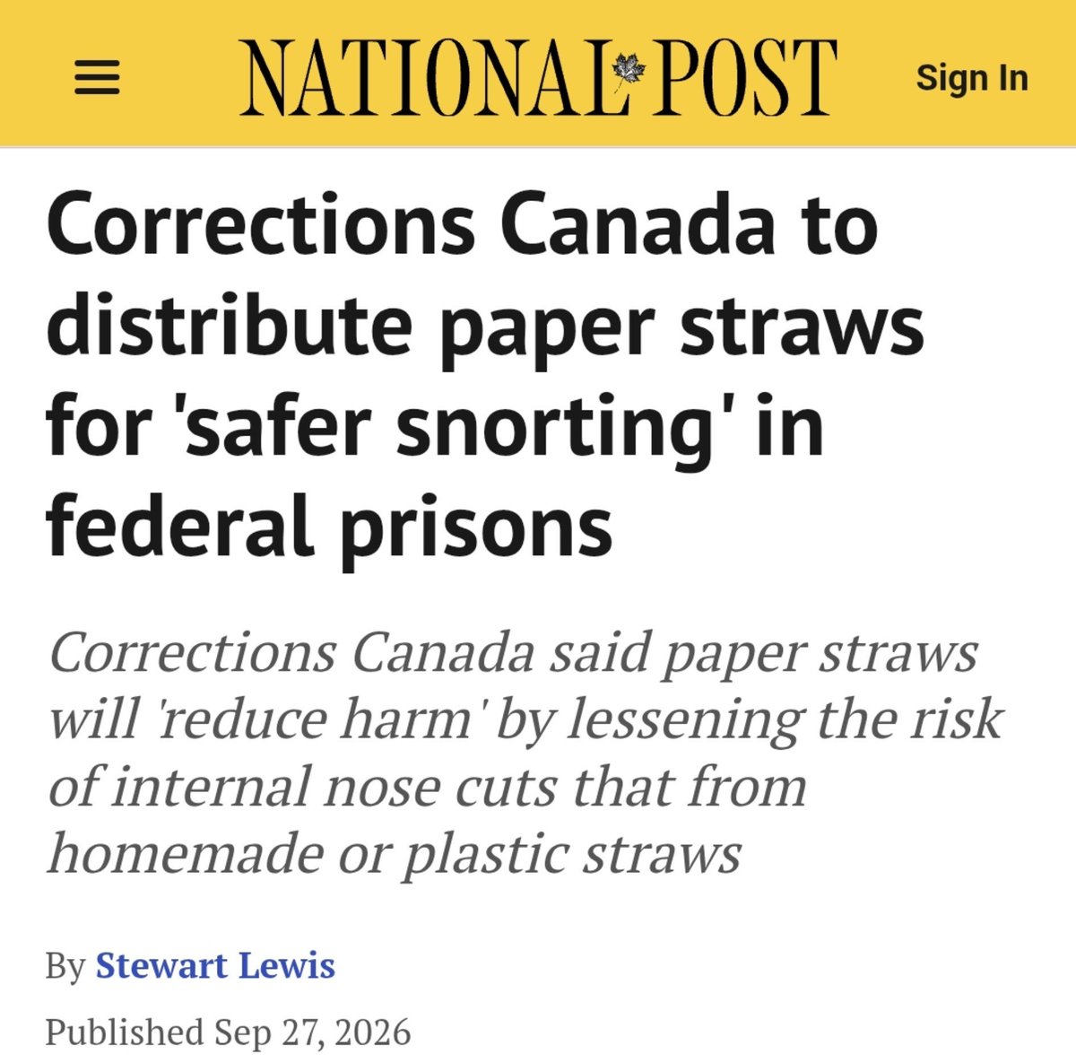 RealMattA_'s tweet photo. Too many inmates are cutting their noses on homemade straws as they snort cocaine.

The govt's wise solution is the provide recyclable paper straws for safe and responsible cocaine use in prisons.

LESSON:

Harm comes from unsafe straws, not cocaine.

The long  joke continues. https://t.co/9GIk4kXG5w