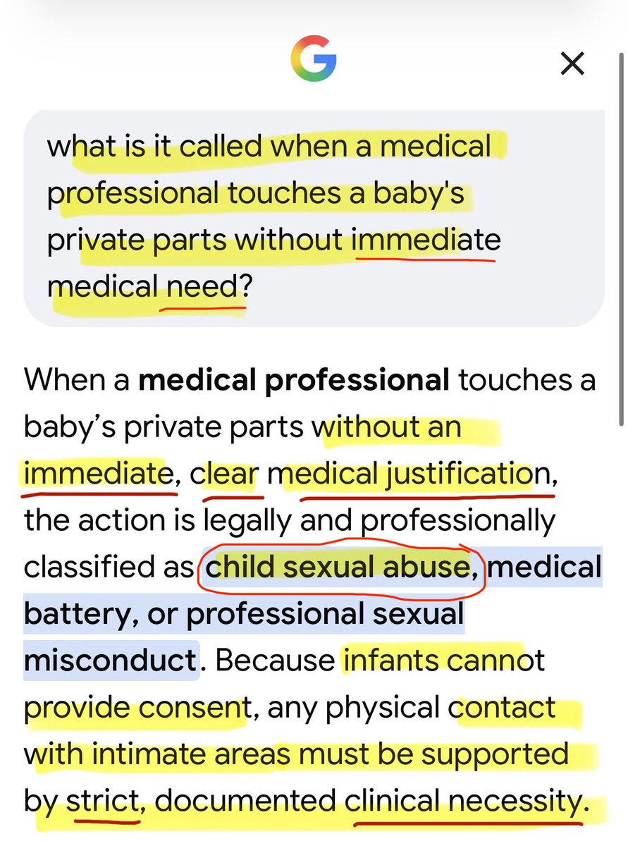 DontTreadUpon's tweet photo. According to Google Gemini, those who participate in circumcision of a baby are committing child sexual abuse: 👇🏼

Routine circumcision lacks  IMMEDIATE, CLEAR, MEDICAL JUSTIFICATION supported by STRICT DOCUMENTED CLINICAL NECESSITY… #AAP2026 https://t.co/hSJwBlvmQT