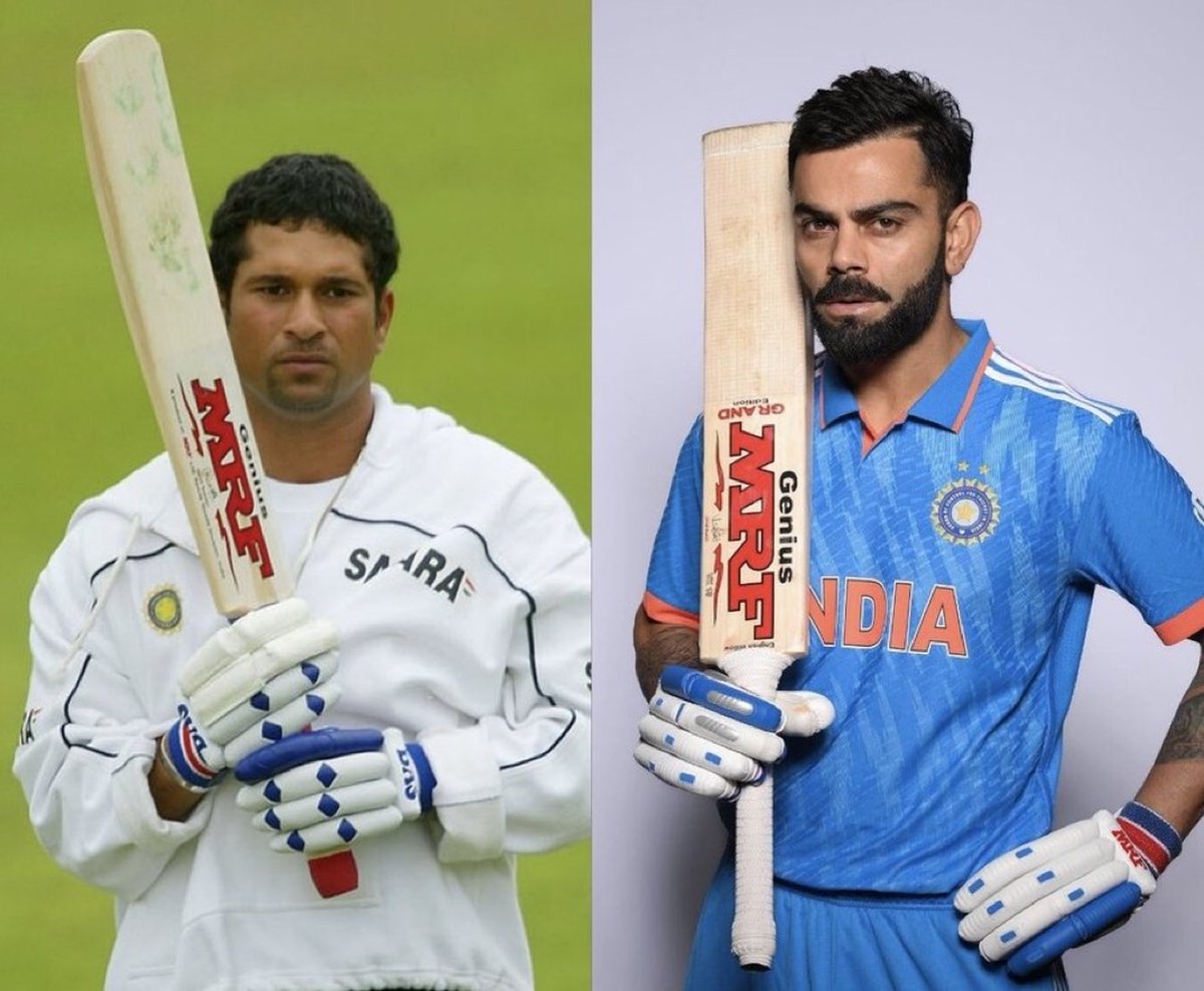 mufaddal_vohra's tweet photo. Centuries with MRF bat:

Sachin Tendulkar - 71.

Virat Kohli - 67.*

- GOD 🤝 GOAT. https://t.co/FkPgGxXkh4