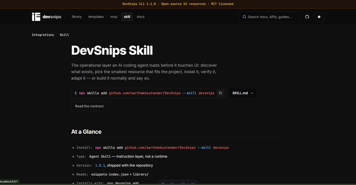 _sarthak_buddy's tweet photo. Today was day 53 of building devsnips
> Skills page is finally shipped
> Mcp page is also pushed
53 days in. Still building.
#day36 #buildinpublic #DevSnips https://t.co/QlawCFf6nS