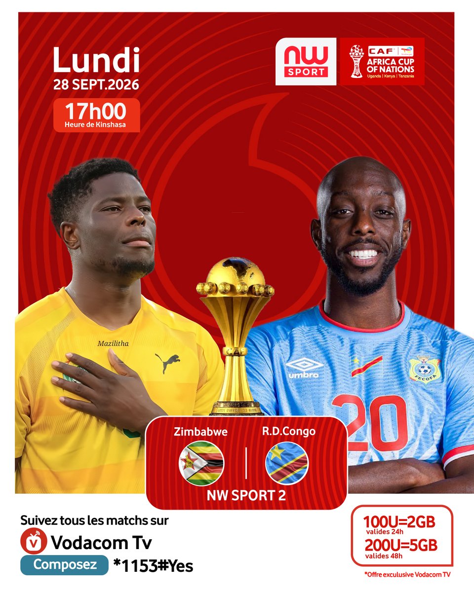 Vodacomcongo's tweet photo. Zimbabwe – RDC, ce lundi à 17h !

Encore en route à l’heure du match ? Dans votre véhicule ou dans un transport en commun, suivez les Léopards en direct sur votre téléphone avec Vodacom TV !

Le match est diffusé sur NW Sport 2. Composez *1153#YES pour activer votre forfait Vodacom TV Sport et recevoir le lien d’accès par SMS.

#VodacomTV #LesLéopards #RDC #ZimbabweRDC #VodacomRDC