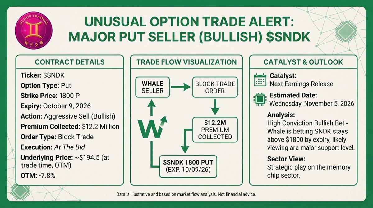 🖨️ Print #32: $SNDK put seller banks $12.2M 💰
Aggressive block SALE — Oct 9 1800 puts, at the bid. Bet: $SNDK holds $1800 thru expiry.
🔴 Red pen:
• Card says