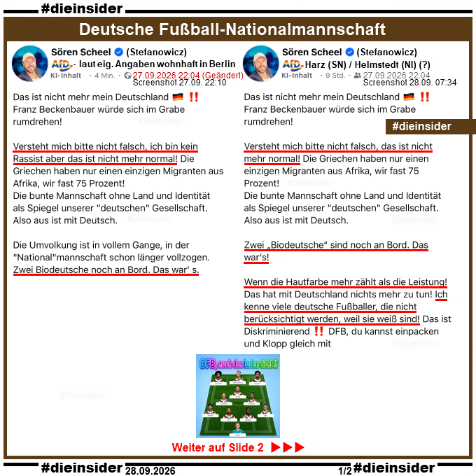 Die_Insider's tweet photo. Mit der #AfD werden in Deutschland Menschen in "richtige (Biodeutsche) und falsche Deutsche" eingeteilt und nach Hautfarbe entschieden! 
 
Diktiert die #AfD nach einer Machtübernahme, wen Jürgen Klopp einladen darf? #DfBTeam 
 
#AfDVerbot #NeinZuRassismus #DieInsider📎 https://t.co/PAFX1O8PEO