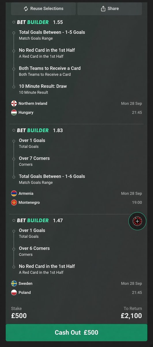 EliteProTips's tweet photo. ⚽ TONIGHT’S BET BUILDERS ARE LOCKED IN! 🔥  

Strong international selection:  

- Northern Ireland vs Hungary → Goals 1-5 + No 1H Red + Both Teams Carded + 10 Min Draw  
- Armenia vs Montenegro → Over 1 Goal + Over 7 Corners + Goals 1-6 
- Sweden vs Poland → Over 1 Goal + Over 6 Corners + No 1H Red 

Looking sharp tonight! 👀