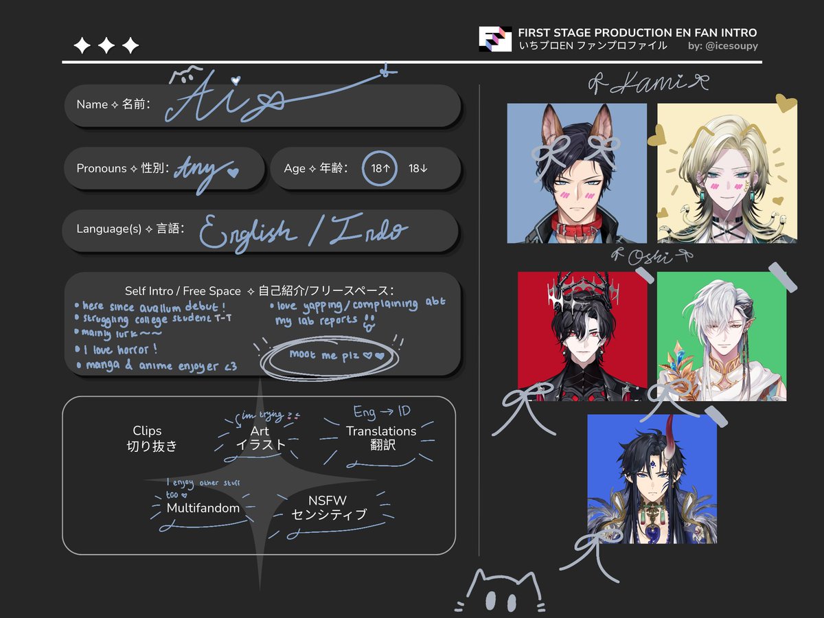 caeileu's tweet photo. ♡ —— [#fsptwt #fspintro #fspenintro] a new updated my fsp intro !¡ nice to meet you all <⁠(⁠￣⁠︶⁠￣⁠)⁠>
let's be friends :3 https://t.co/HjlIcZfmEx