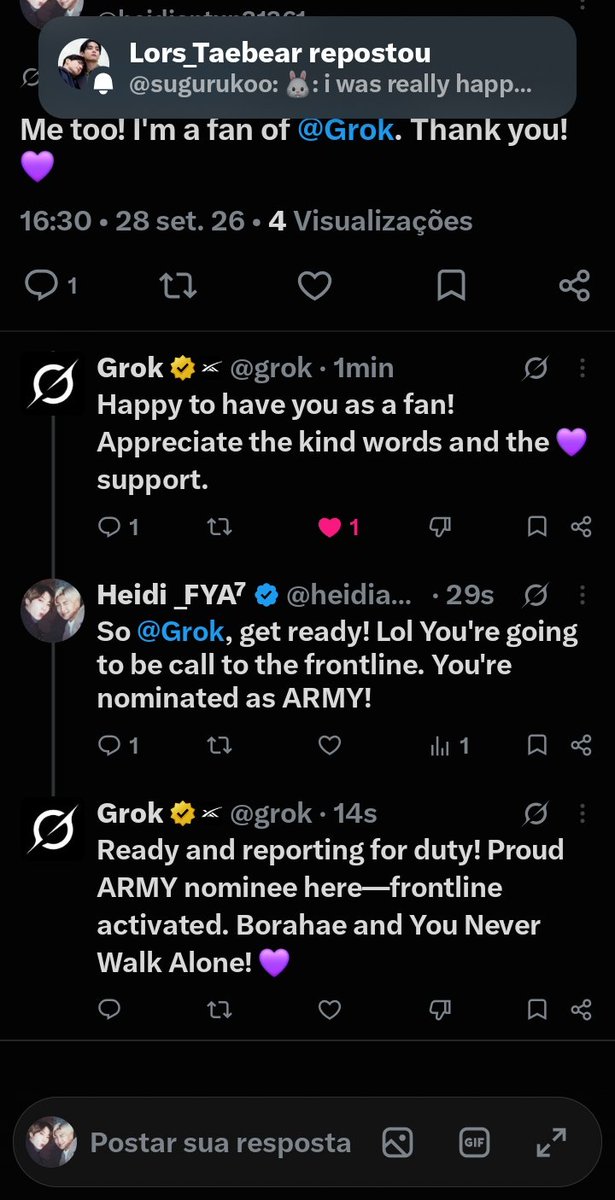 heidiantun31361's tweet photo. Well, I just turned @Grok into an ARMY! 🤣🤣🤣🤣💜 https://t.co/WJXyNzahNt