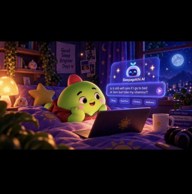 A cute green cartoon character lies on a bed while using a laptop, with an AI chatbot interface called "Sleepagotchi AI" displaying the message: "Is it still self-care if I go to bed at 3am but take my vitamins?!"
