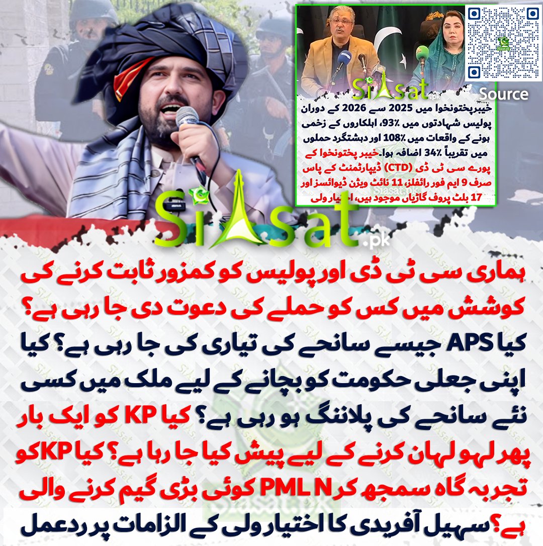 siasatpk's tweet photo. ہماری سی ٹی ڈی اور پولیس کو کمزور ثابت کرنے کی کوشش میں کس کو حملے کی دعوت دی جا رہی ہے؟ کیا APS جیسے سانحے کی تیاری کی جا رہی ہے؟ کیا اپنی جعلی حکومت کو بچانے کے لیے ملک میں کسی نئے سانحے کی پلاننگ ہو رہی ہے؟ کیا خیبرپختونخواہ کو ایک بار پھر لہو لہان کرنے کے لیے پیش کیا جا رہا ہے؟ کیا خیبرپختونخواہ کو تجربہ گاہ سمجھ کر PML N کوئی بڑی گیم کرنے والی ہے؟ وزیر اعلی سہیل آفریدی کا اختیار ولی کے الزامات پر ردعمل

سورس جاننے کیلئے کیو آر کوڈ سکین کریں

#Pakistan 

#SohailAfridi
