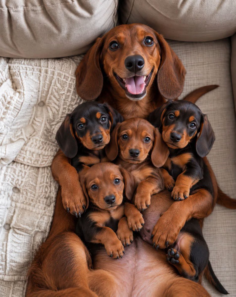 Dachshundlnpfs's tweet photo. A happy Dachshund mama with her four little babies. ๐ค๐พ๐ฅน Nothing sweeter than a cozy cuddle pile filled with tiny paws, floppy ears, and endless love. โจโค๏ธ
#Dachshund #DachshundPuppies #DoxieLove #PuppyLove #DogFamily #CuteDogs #DogLovers https://t.co/uDyAJbFIcf