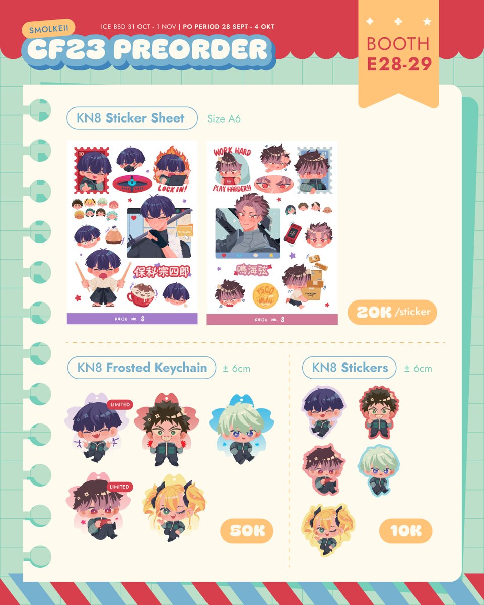smolkeii's tweet photo. [💟&amp;🔁are appreciated!] 

Hi!! smolkeii #CF23 PO is finally open!
🗓️ 28 Sept - 4 Oct
📦 Pickup Both Days (E28-29) &amp; Mail Order (local) 
 ✨Kaiju No 8, Genshin Impact (Wanderer), Haikyuu, Dungeon Meshi, Pandavva
🔗 https://t.co/4DvnPz4ob0

Thank you!! #comifuro23 https://t.co/q9hdUrdXCt