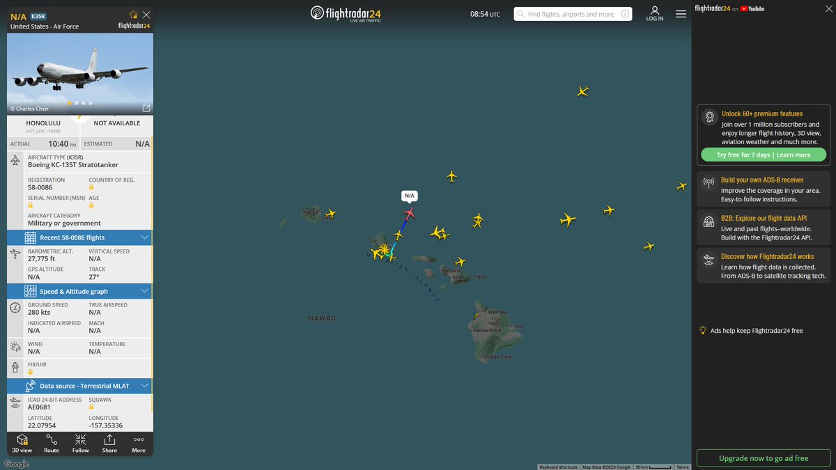 AIYeyENGDdJkjTr's tweet photo. Sept. 29, 2026
#Okinawa Kadena Air Base #Joint Base Pearl Harbor-Hickam, Honolulu ==> #Tinker Air Force Base, Oklahoma City
#NoCALLSIGN #AE0681 USAF KC-135T Stratotanker https://t.co/ZV00BHcrt0